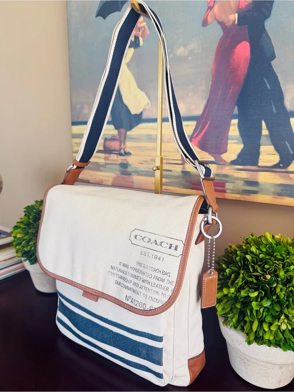 COACH F70627 CREAM AND NAVY CANVAS TAN LEATHER TRIM UNISEX MESSENGER BAG 🌟EUC🌟